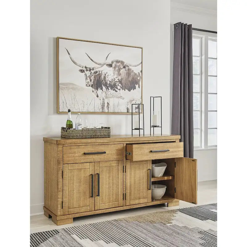Aparador de comedor rústico marrón con armario de 4 puertas y 2 cajones — 65.88"An. x 19"Prof. x 36.13"Al.