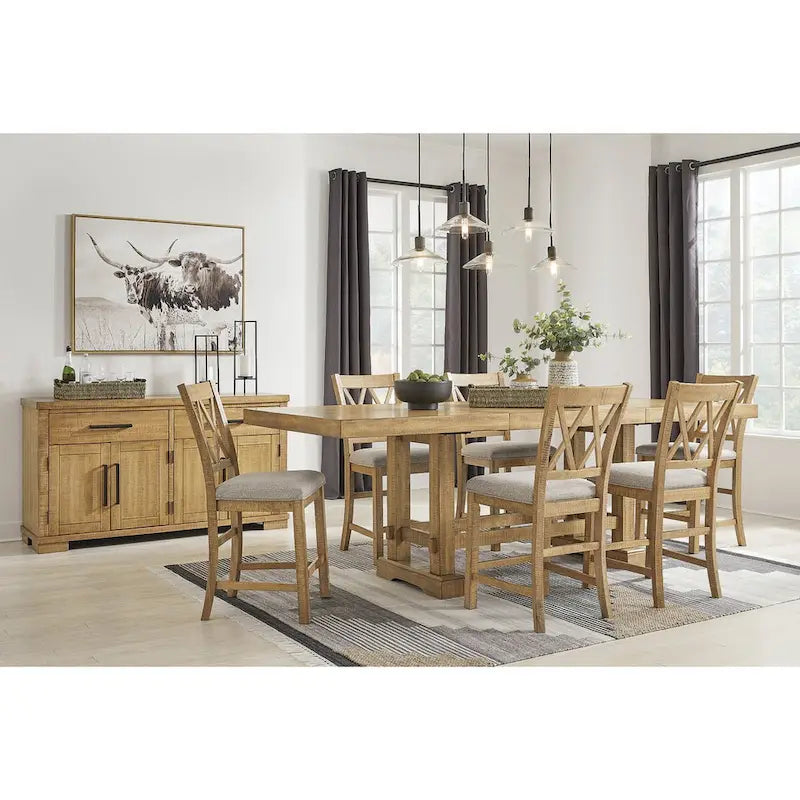 Aparador de comedor rústico marrón con armario de 4 puertas y 2 cajones — 65.88"An. x 19"Prof. x 36.13"Al.