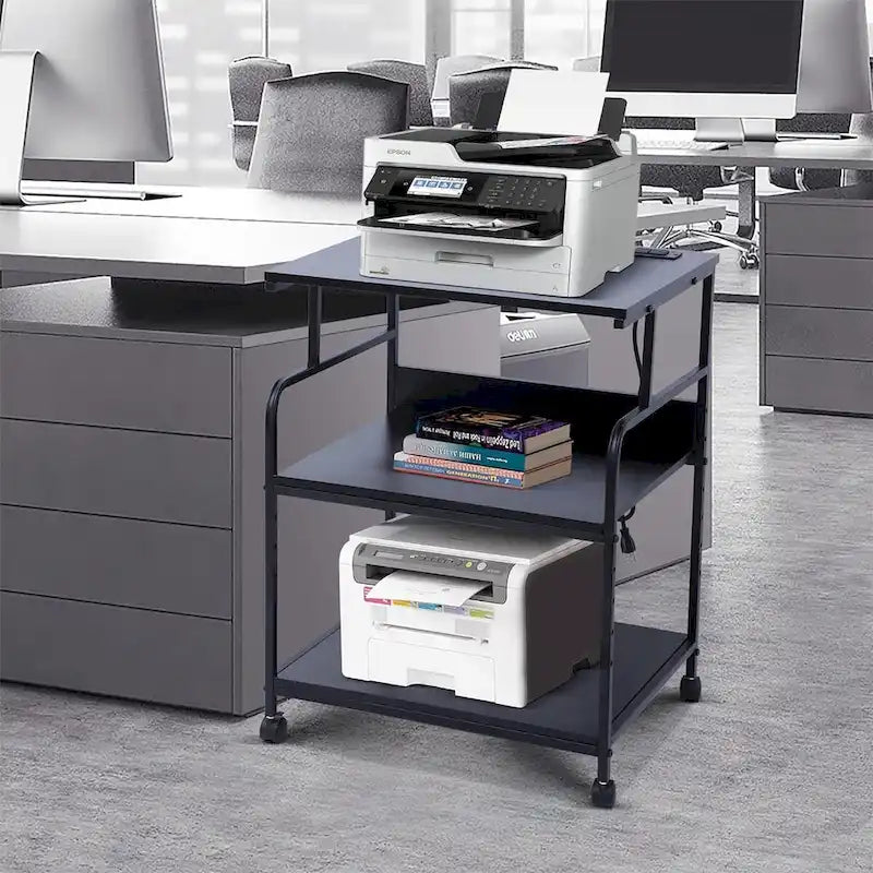 Support d'imprimante, Chariot d'imprimante mobile, Étagère de rangement d'imprimante à 3 niveaux avec station de charge et roulettes pour bureau, maison (noir)