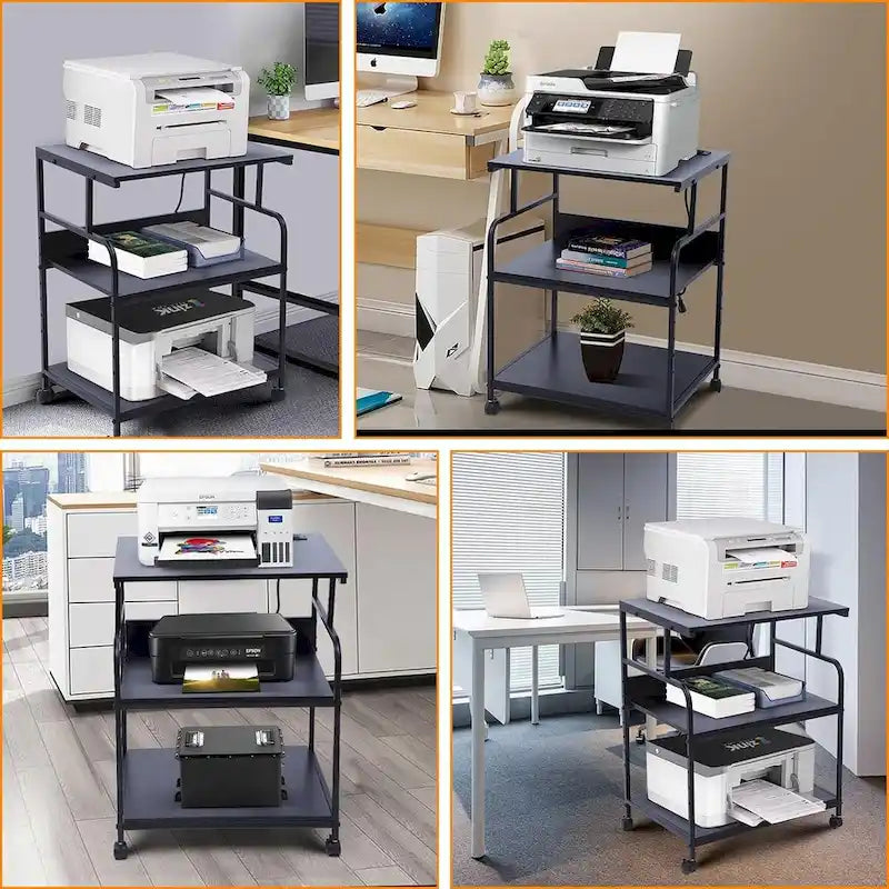 Support d'imprimante, Chariot d'imprimante mobile, Étagère de rangement d'imprimante à 3 niveaux avec station de charge et roulettes pour bureau, maison (noir)