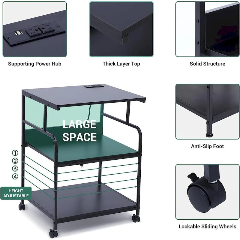 Support d'imprimante, Chariot d'imprimante mobile, Étagère de rangement d'imprimante à 3 niveaux avec station de charge et roulettes pour bureau, maison (noir)