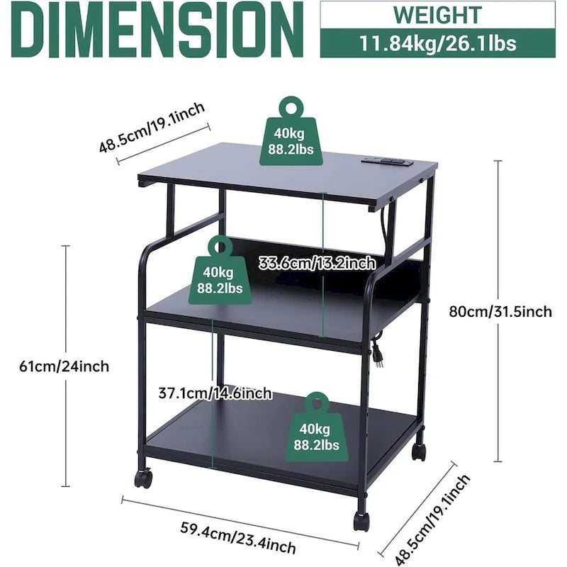 Soporte para impresora, carrito de impresora móvil, estante de almacenamiento de impresora de 3 niveles con estación de carga y ruedas para oficina, hogar (negro)