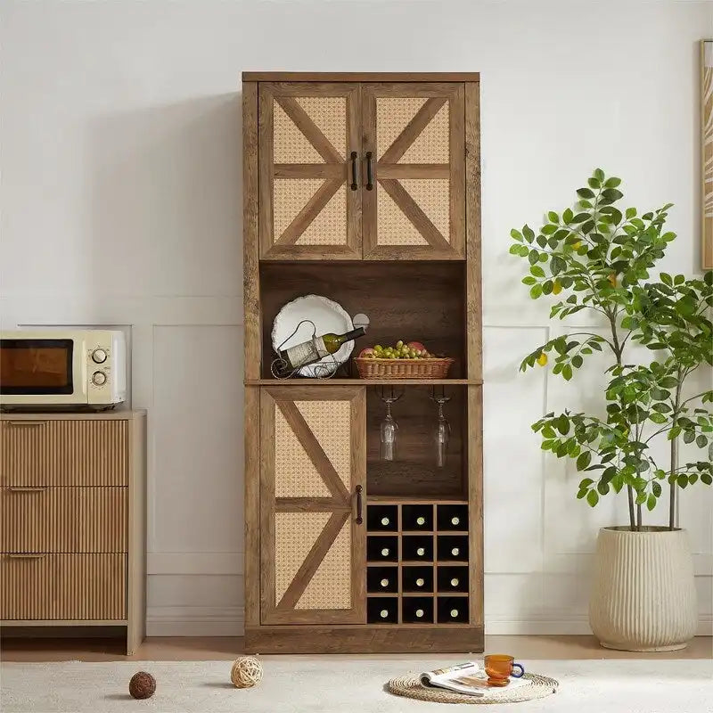 Garde-manger de cuisine de 193 cm de haut et meuble bar à vin avec portes de grange en X et motif en rotin