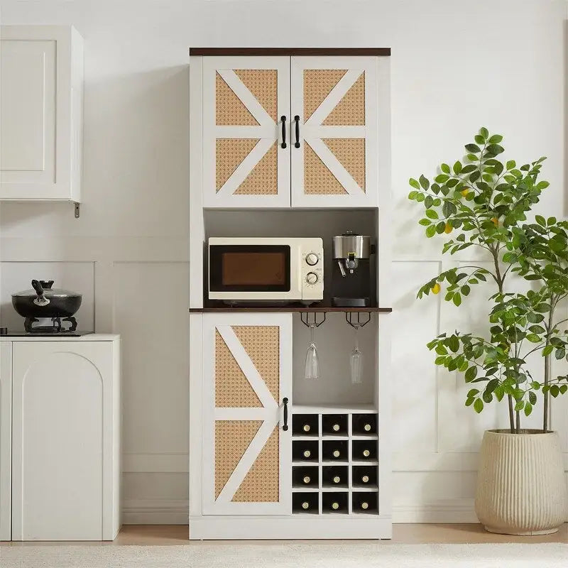 Garde-manger de cuisine de 193 cm de haut et meuble bar à vin avec portes de grange en X et motif en rotin