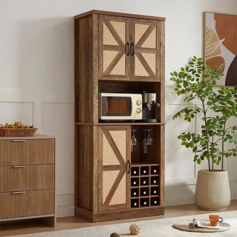 Garde-manger de cuisine de 193 cm de haut et meuble bar à vin avec portes de grange en X et motif en rotin