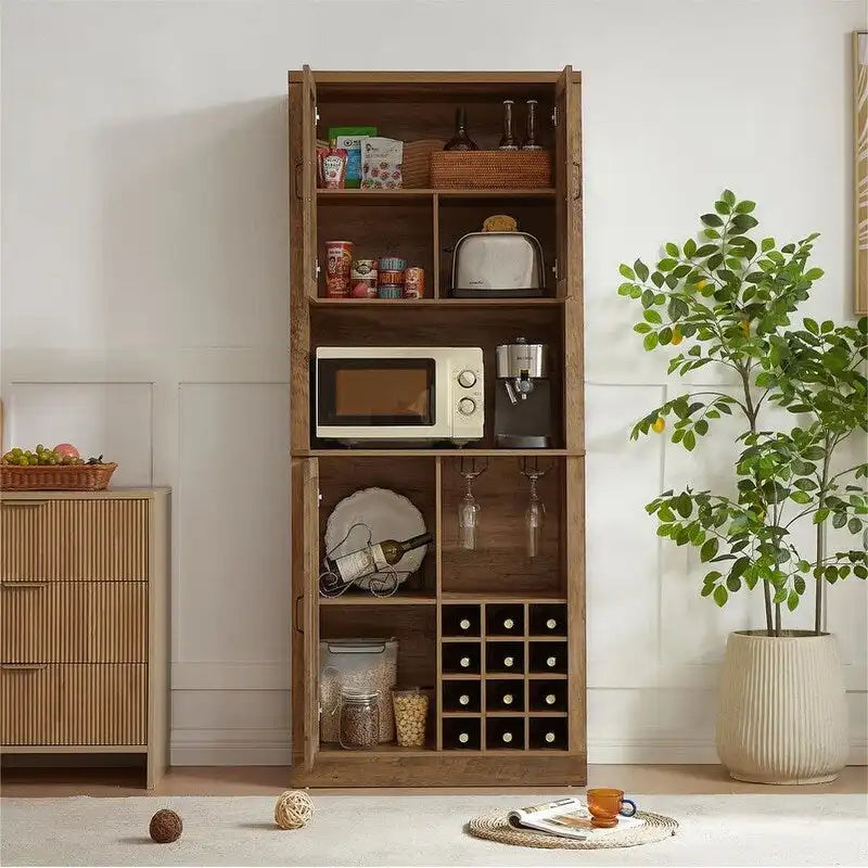 Garde-manger de cuisine de 193 cm de haut et meuble bar à vin avec portes de grange en X et motif en rotin