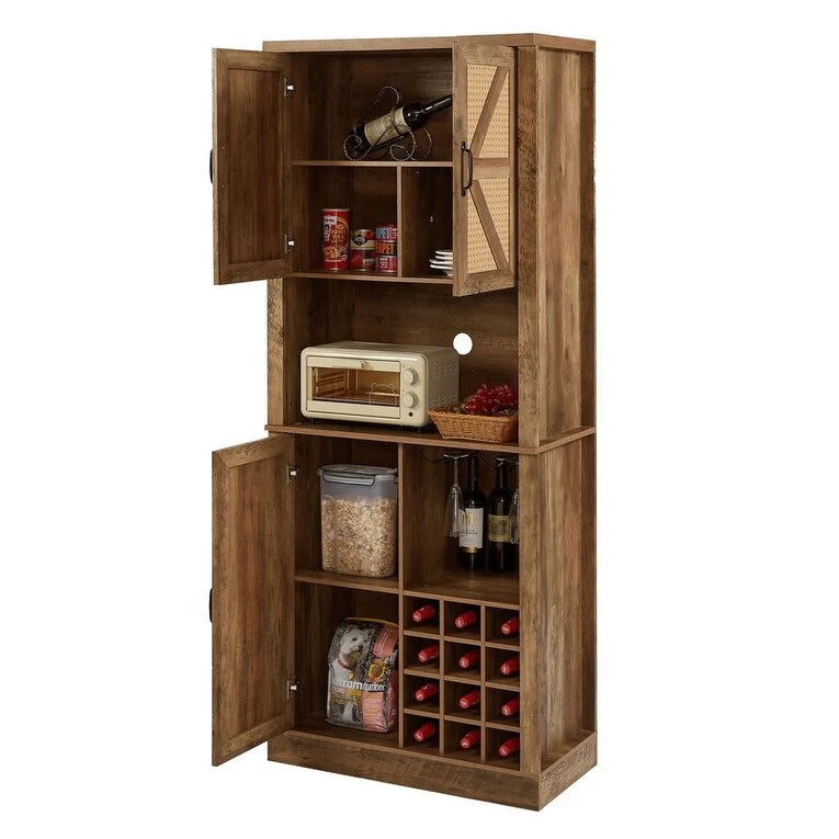 Garde-manger de cuisine de 193 cm de haut et meuble bar à vin avec portes de grange en X et motif en rotin