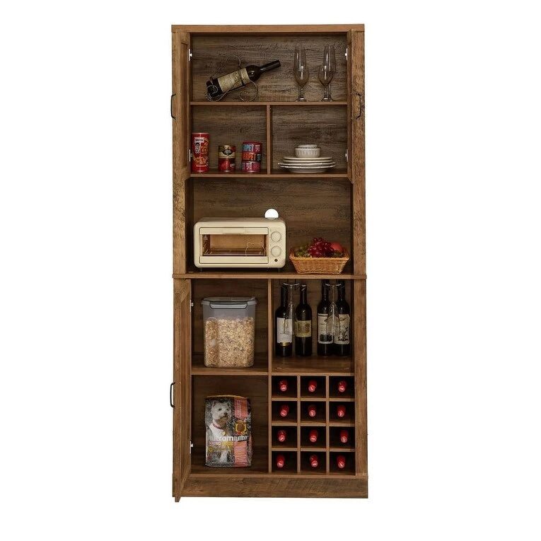 Garde-manger de cuisine de 193 cm de haut et meuble bar à vin avec portes de grange en X et motif en rotin