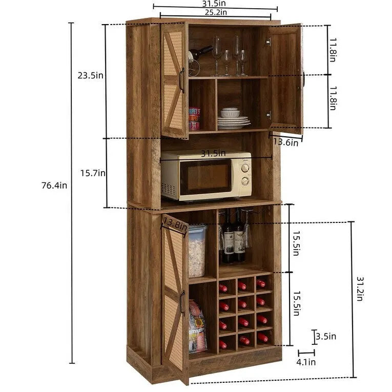 Armario de despensa y bar de vinos de cocina de 76" de alto con puertas corredizas en forma de X y diseño de ratán