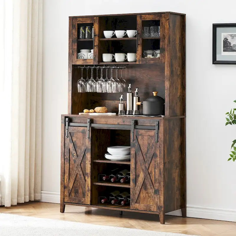 Vitrina para vinos estilo rústico de 42.5 pulgadas con puerta corrediza de granero - 15.7D x 42.5W x 69.6H