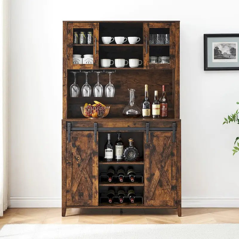 Vitrina para vinos estilo rústico de 42.5 pulgadas con puerta corrediza de granero - 15.7D x 42.5W x 69.6H