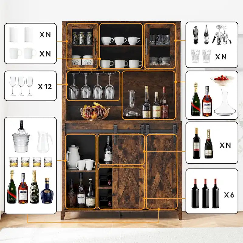 Vitrina para vinos estilo rústico de 42.5 pulgadas con puerta corrediza de granero - 15.7D x 42.5W x 69.6H