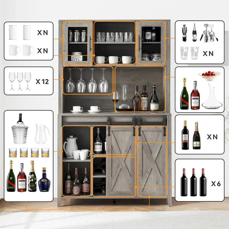 Vitrina para vinos estilo rústico de 42.5 pulgadas con puerta corrediza de granero - 15.7D x 42.5W x 69.6H