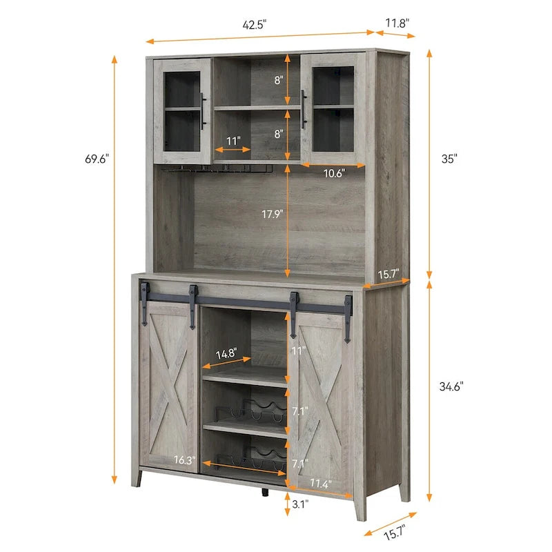 Vitrina para vinos estilo rústico de 42.5 pulgadas con puerta corrediza de granero - 15.7D x 42.5W x 69.6H