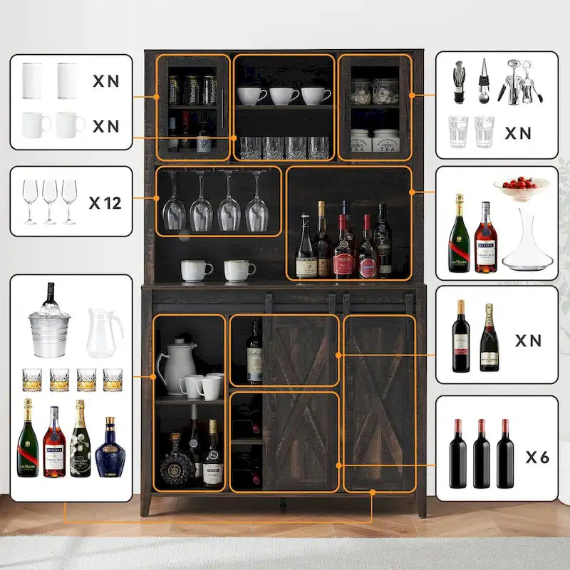 Vitrina para vinos estilo rústico de 42.5 pulgadas con puerta corrediza de granero - 15.7D x 42.5W x 69.6H