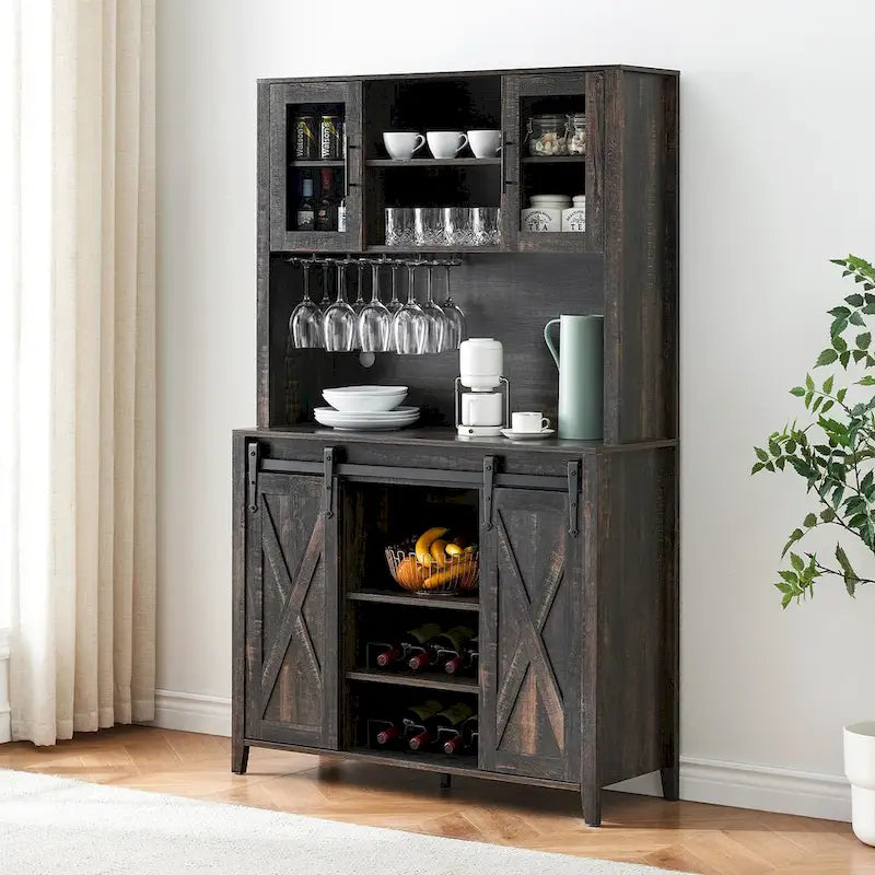 Vitrina para vinos estilo rústico de 42.5 pulgadas con puerta corrediza de granero - 15.7D x 42.5W x 69.6H