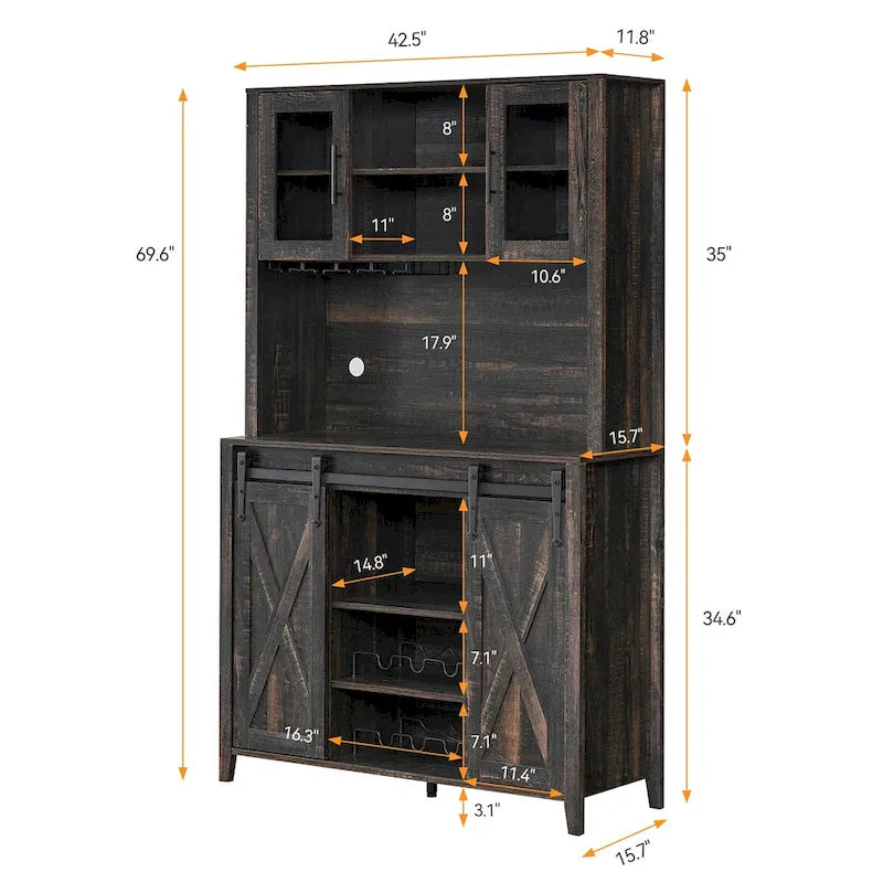 Vitrina para vinos estilo rústico de 42.5 pulgadas con puerta corrediza de granero - 15.7D x 42.5W x 69.6H