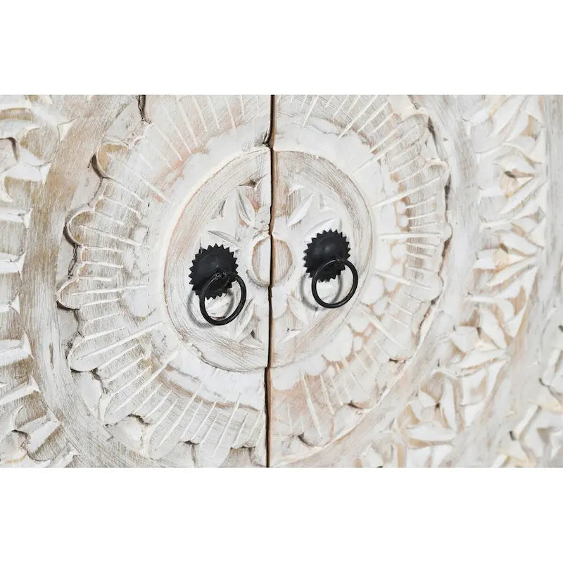 Bahut 2 portes sculpté à la main, finition blanchie — Bois de manguier massif, aucun assemblage requis