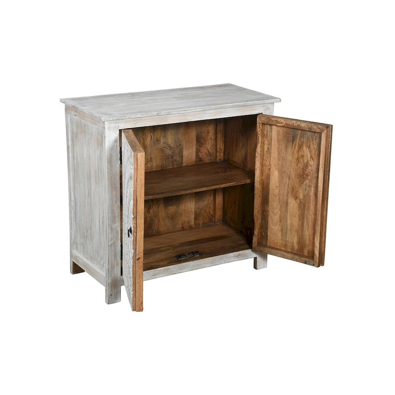 Mueble auxiliar con 2 puertas, tallado a mano, efecto envejecido — Madera maciza de mango, no requiere montaje