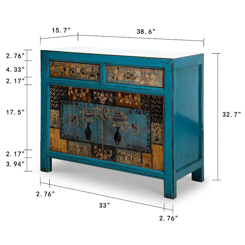 Meuble d'appoint floral indigo antique avec 2 tiroirs — Bois de pin massif fait à la main