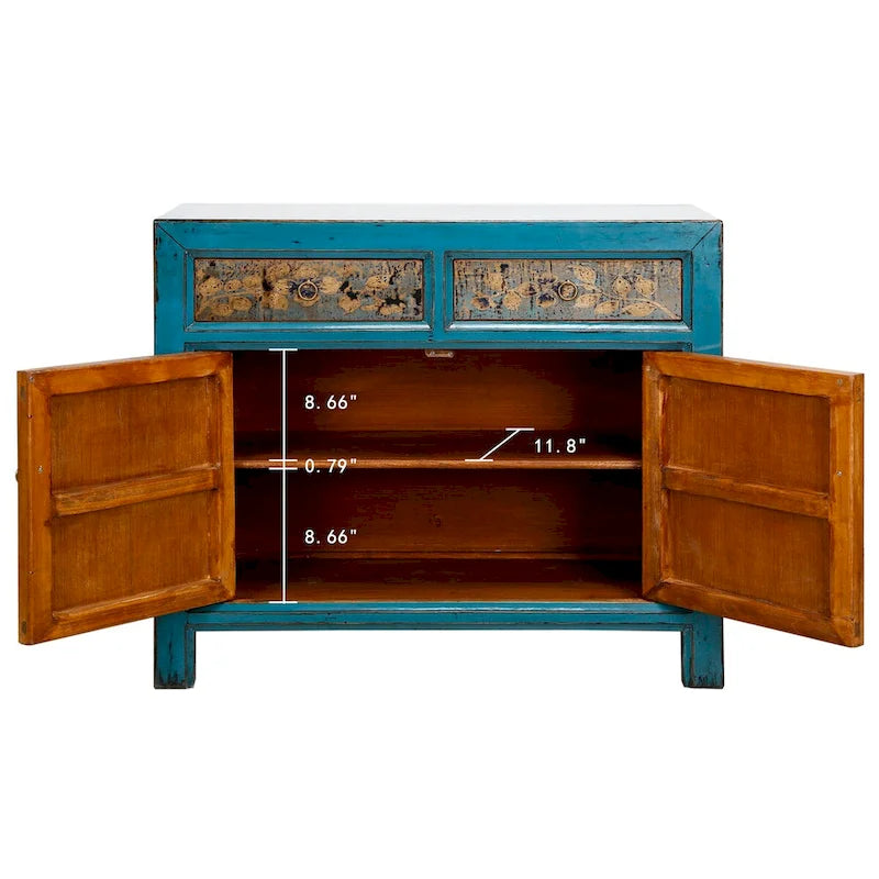 Meuble d'appoint floral indigo antique avec 2 tiroirs — Bois de pin massif fait à la main