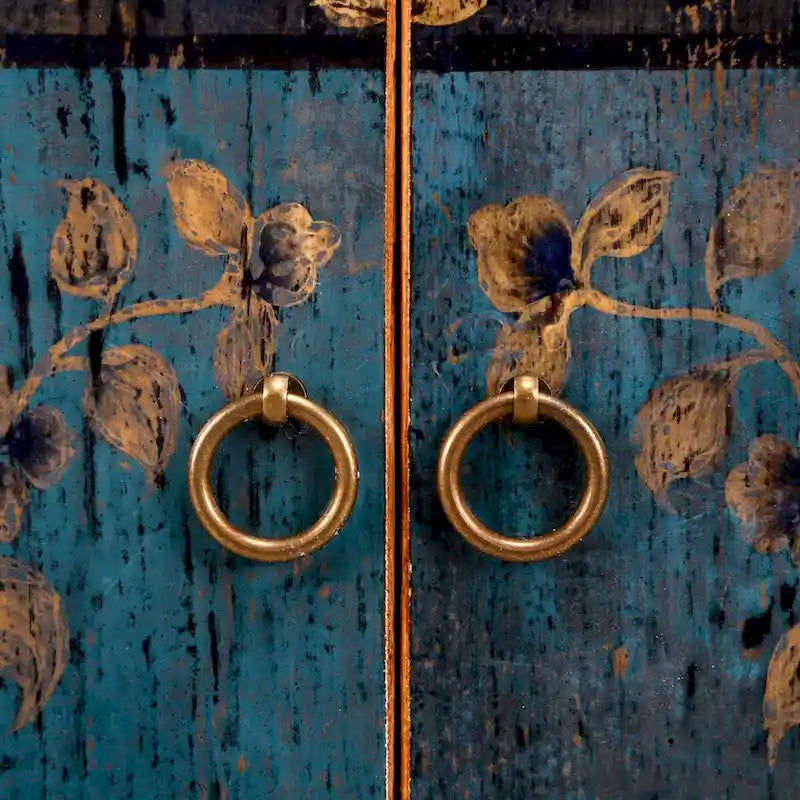 Meuble d'appoint floral indigo antique avec 2 tiroirs — Bois de pin massif fait à la main