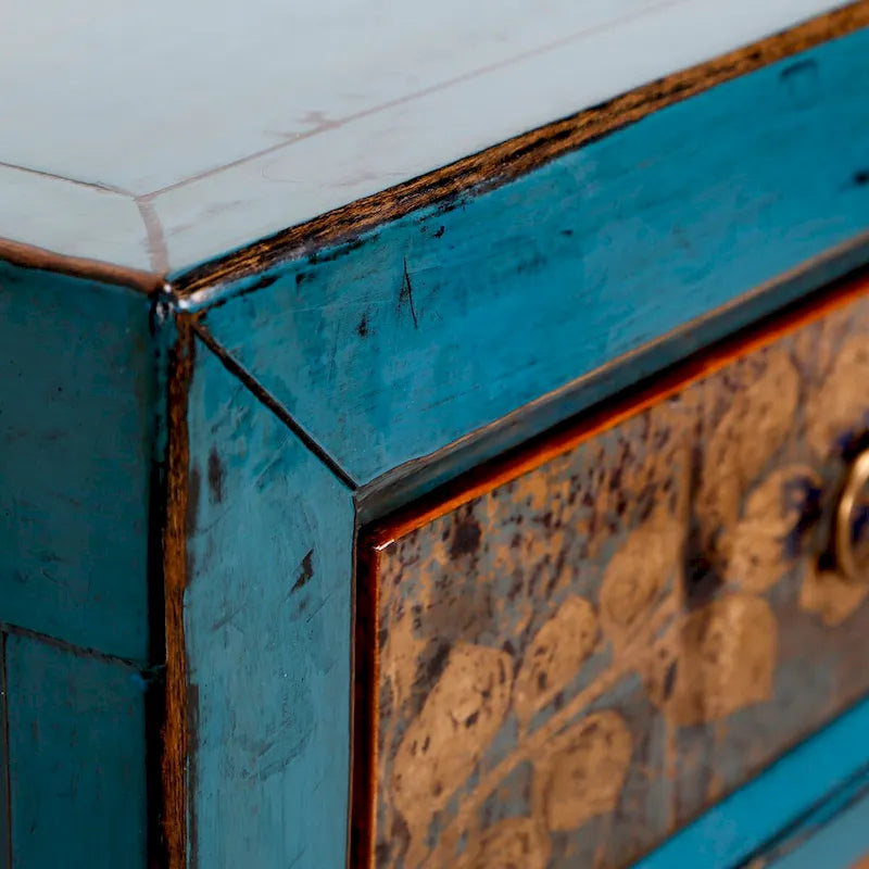 Armario decorativo floral índigo antiguo con 2 cajones — Madera de pino maciza hecha a mano