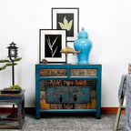 Armario decorativo floral índigo antiguo con 2 cajones — Madera de pino maciza hecha a mano