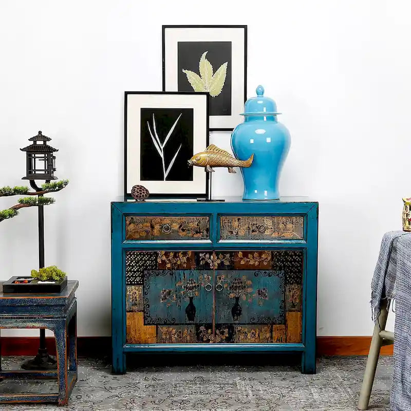 Meuble d'appoint floral indigo antique avec 2 tiroirs — Bois de pin massif fait à la main