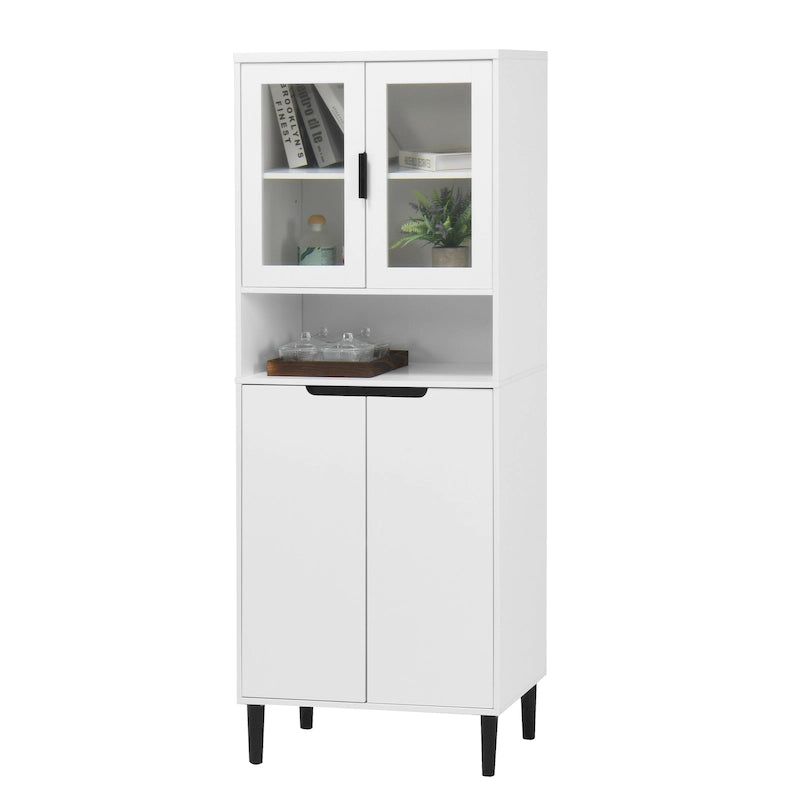Mueble alto expositor con 2 puertas de cristal y 2 puertas, despensa de cocina alta con tiradores dorados