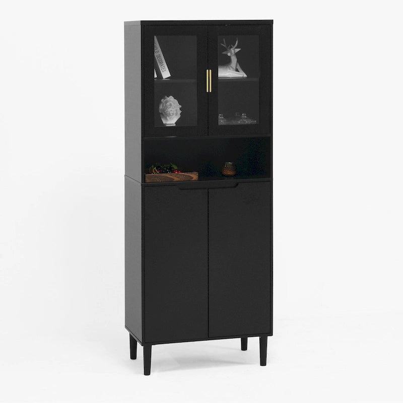 Haut meuble de rangement vitré avec 2 portes vitrées et 2 portes, buffet de cuisine haut avec poignées dorées