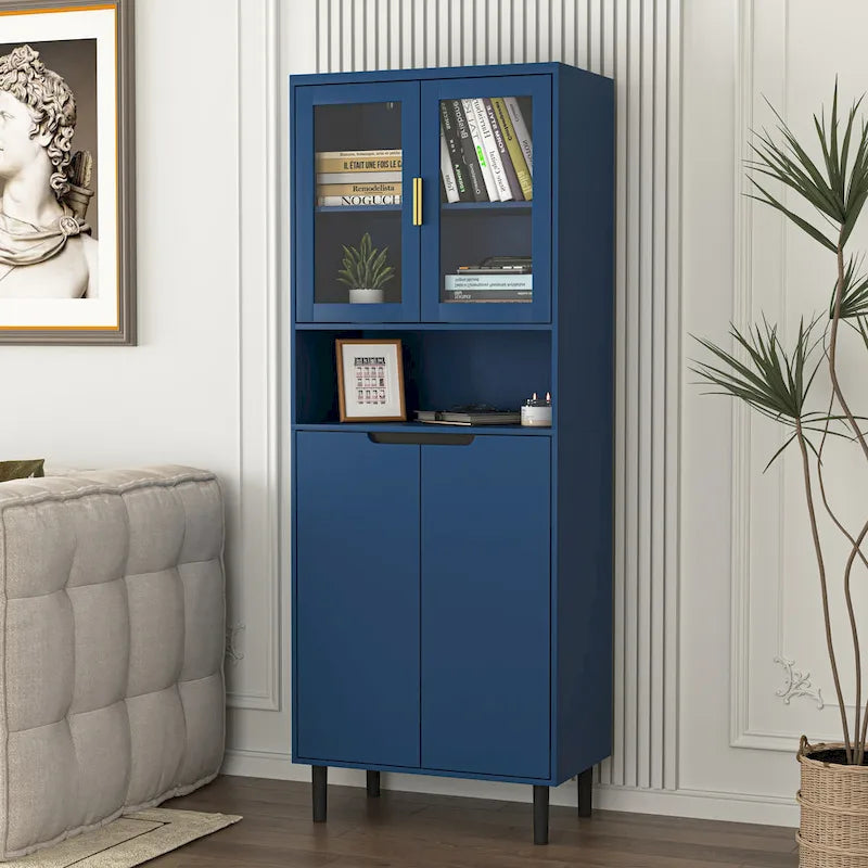 Mueble alto expositor con 2 puertas de cristal y 2 puertas, despensa de cocina alta con tiradores dorados