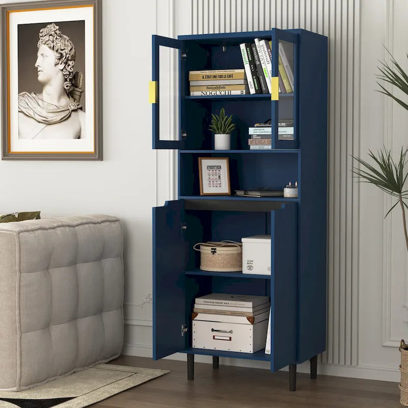 Mueble alto expositor con 2 puertas de cristal y 2 puertas, despensa de cocina alta con tiradores dorados