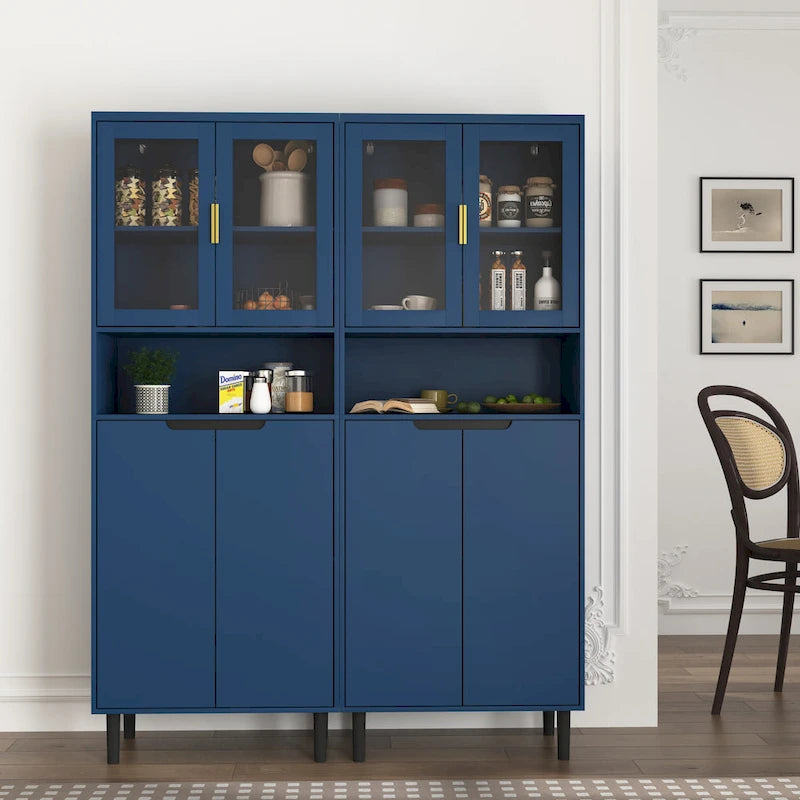 Mueble alto expositor con 2 puertas de cristal y 2 puertas, despensa de cocina alta con tiradores dorados