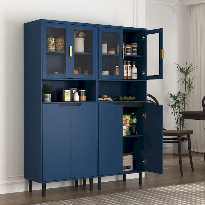 Mueble alto expositor con 2 puertas de cristal y 2 puertas, despensa de cocina alta con tiradores dorados