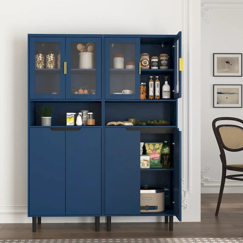 Mueble alto expositor con 2 puertas de cristal y 2 puertas, despensa de cocina alta con tiradores dorados