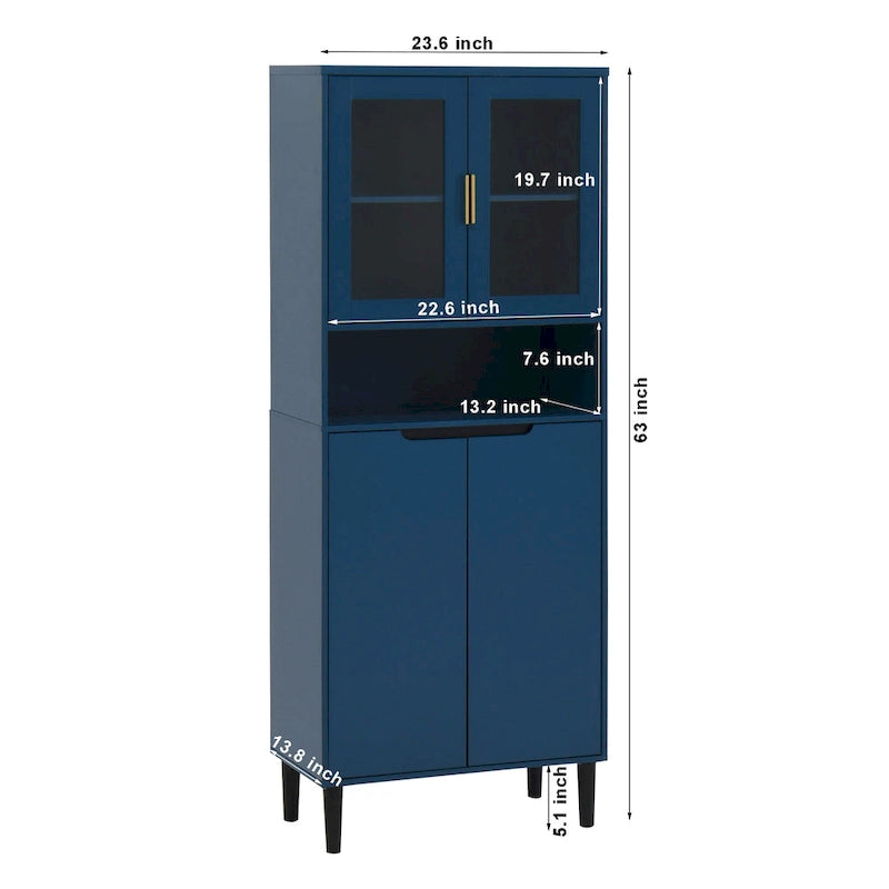 Mueble alto expositor con 2 puertas de cristal y 2 puertas, despensa de cocina alta con tiradores dorados