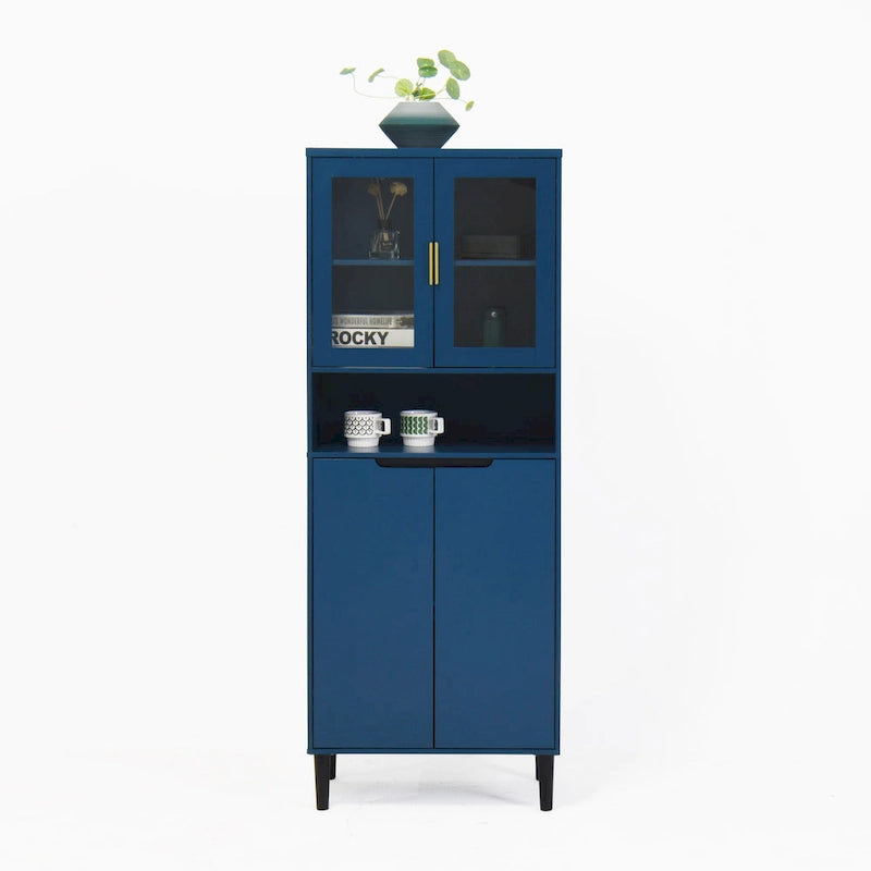 Mueble alto expositor con 2 puertas de cristal y 2 puertas, despensa de cocina alta con tiradores dorados