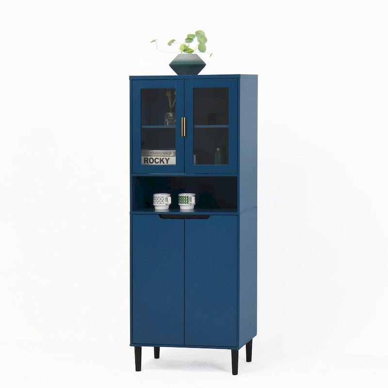 Mueble alto expositor con 2 puertas de cristal y 2 puertas, despensa de cocina alta con tiradores dorados