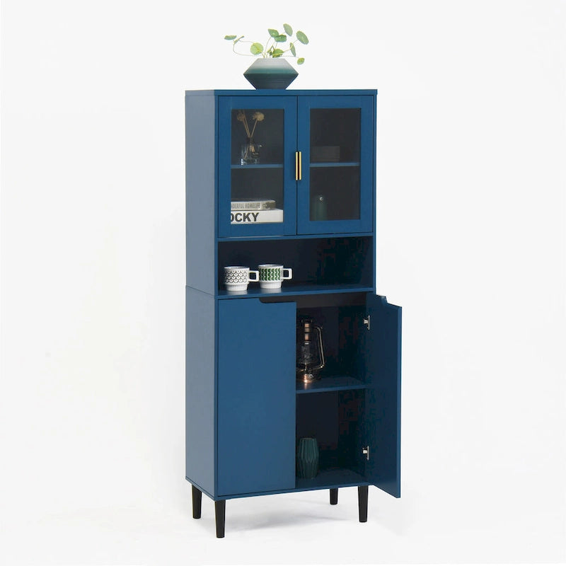 Mueble alto expositor con 2 puertas de cristal y 2 puertas, despensa de cocina alta con tiradores dorados