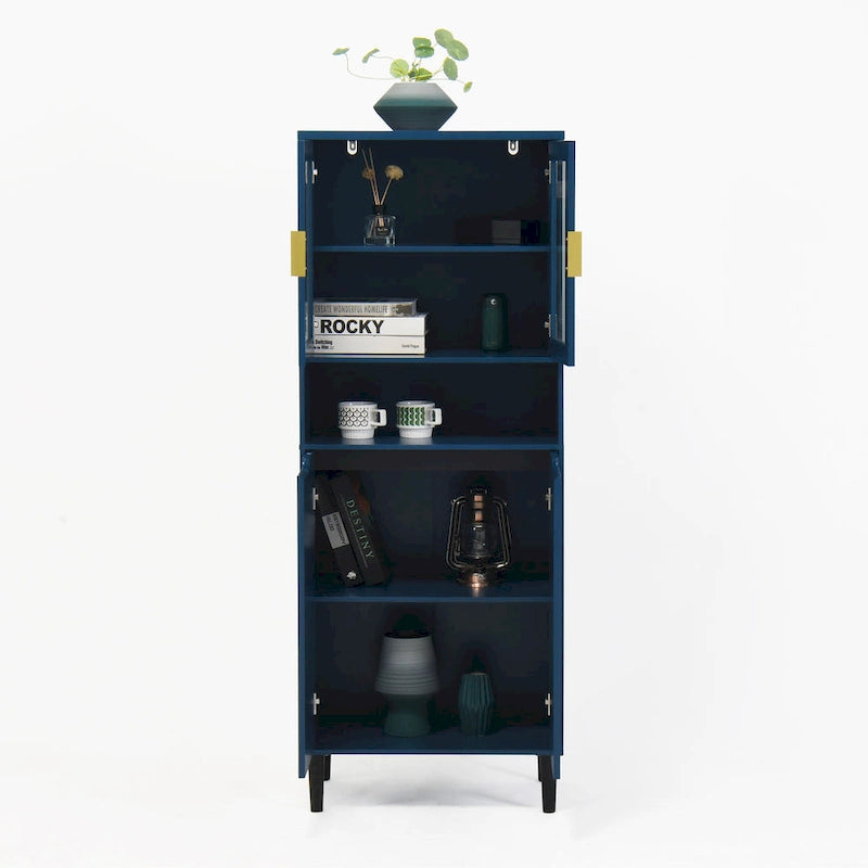 Mueble alto expositor con 2 puertas de cristal y 2 puertas, despensa de cocina alta con tiradores dorados