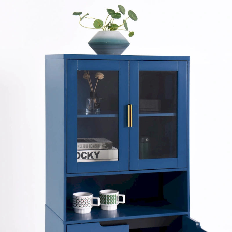 Mueble alto expositor con 2 puertas de cristal y 2 puertas, despensa de cocina alta con tiradores dorados