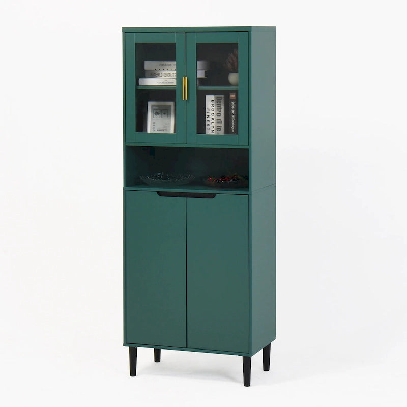 Mueble alto expositor con 2 puertas de cristal y 2 puertas, despensa de cocina alta con tiradores dorados