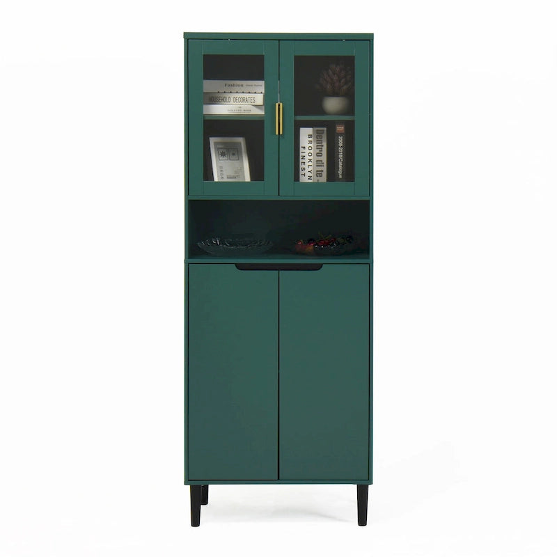 Mueble alto expositor con 2 puertas de cristal y 2 puertas, despensa de cocina alta con tiradores dorados