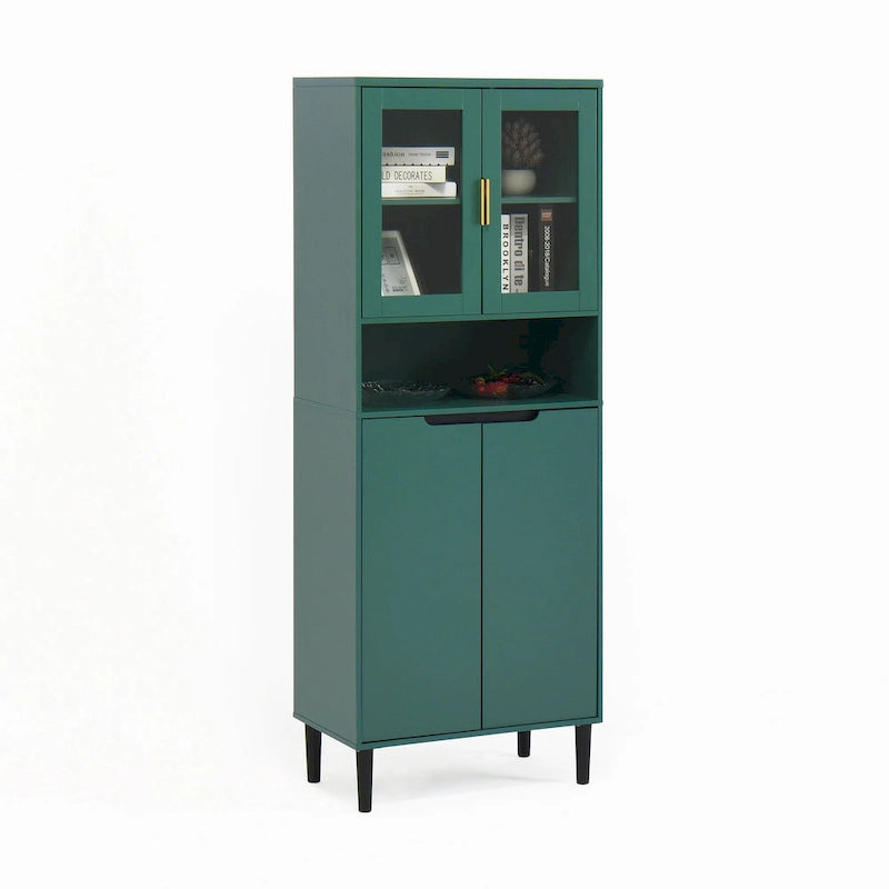 Mueble alto expositor con 2 puertas de cristal y 2 puertas, despensa de cocina alta con tiradores dorados