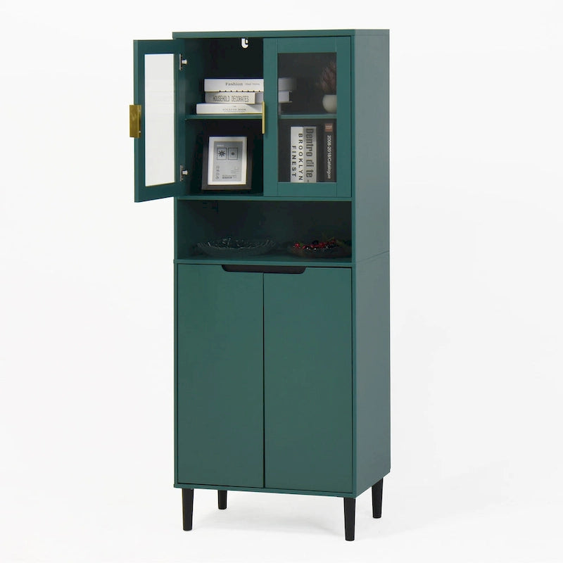 Mueble alto expositor con 2 puertas de cristal y 2 puertas, despensa de cocina alta con tiradores dorados