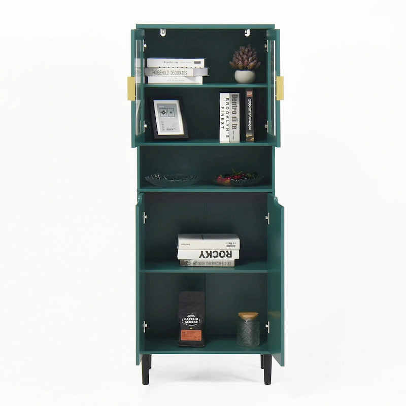 Mueble alto expositor con 2 puertas de cristal y 2 puertas, despensa de cocina alta con tiradores dorados