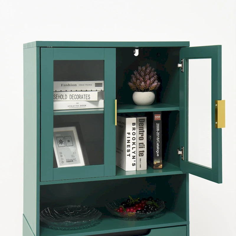 Mueble alto expositor con 2 puertas de cristal y 2 puertas, despensa de cocina alta con tiradores dorados