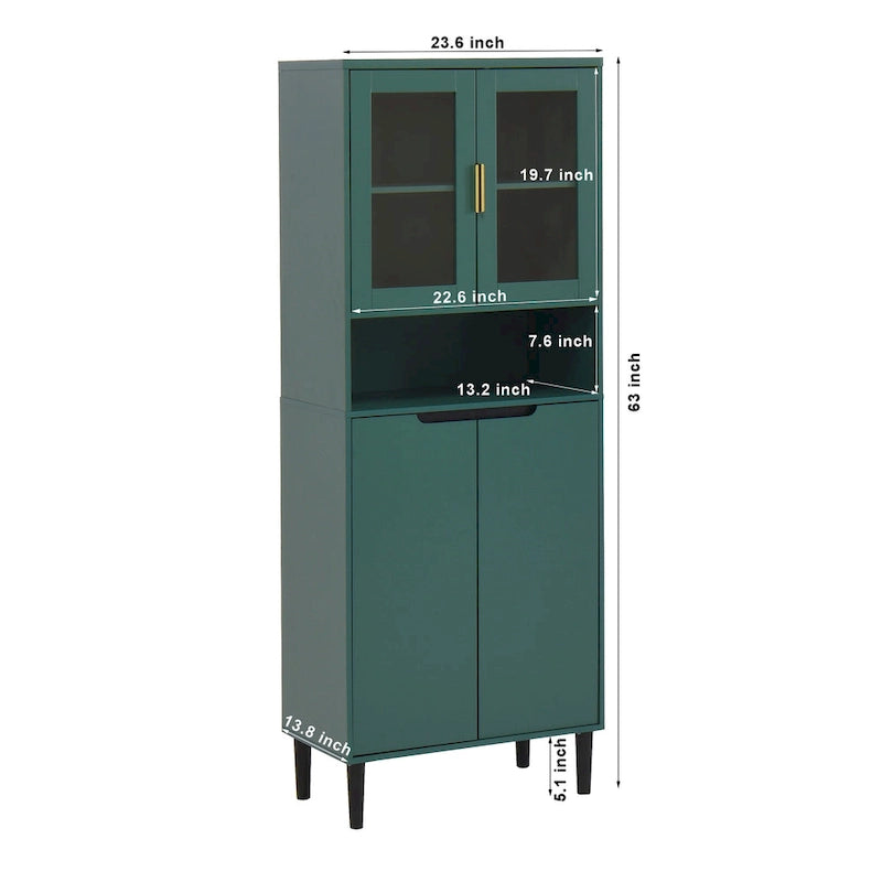 Mueble alto expositor con 2 puertas de cristal y 2 puertas, despensa de cocina alta con tiradores dorados