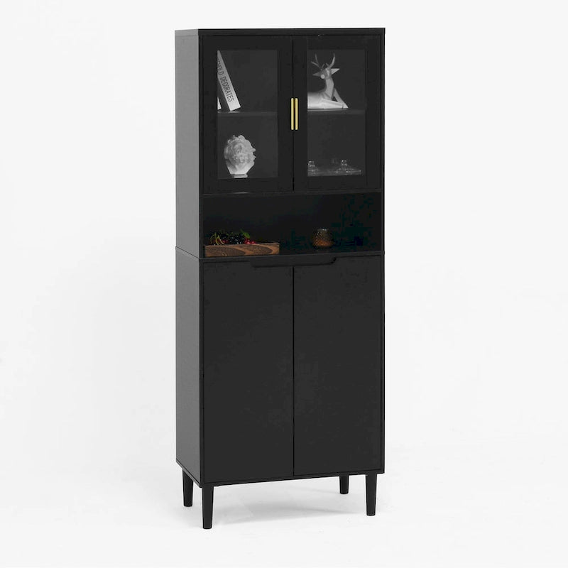 Mueble alto expositor con 2 puertas de cristal y 2 puertas, despensa de cocina alta con tiradores dorados